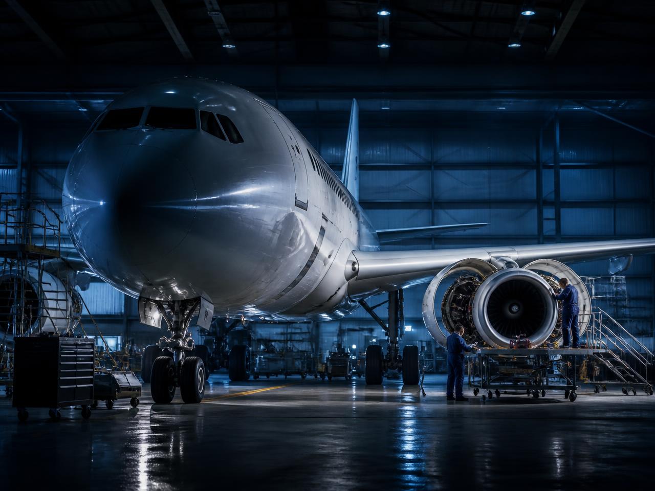 Aircraft in a maintenance hangar at night with engineers working on an open engine
