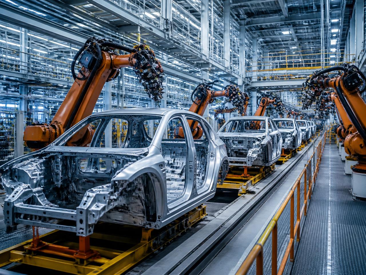Automotive factory assembly line with robotic arms and car bodies