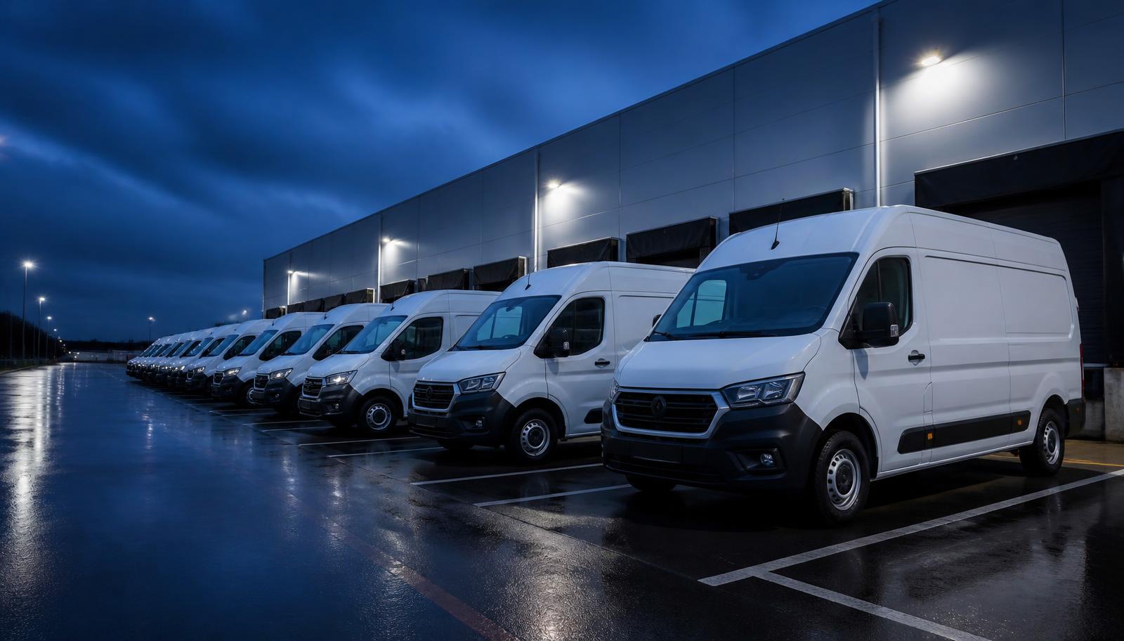 Row of modern white cargo vans parked at a logistics depot at blue hour